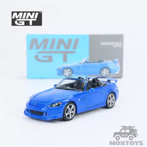 MINI GT 1:64 diecast S2000 convertible model car, blue front 3/4 view