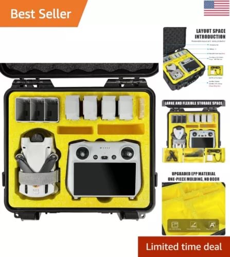 Hard shell drone case with yellow foam insert and compartments for accessories