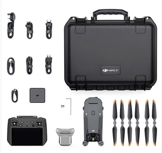 Drone hard case with remote controller, cables, propellers, and battery accessories