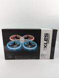 Mini hobby drone in retail box, blue LED ring lights and propellers visible
