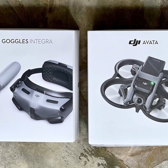 DJI Avata drone and DJI Goggles Integra retail boxes with headsets shown