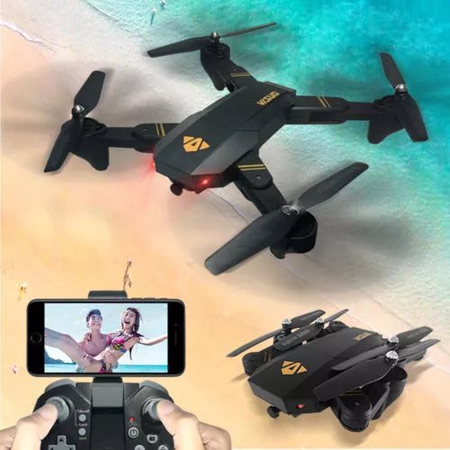 Foldable quadcopter drone with four propellers, black body and FPV camera