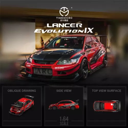 Red 1:64 diecast model car, Lancer EVO IX, front 3/4 view