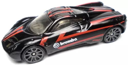 Black 1:64 diecast race car with red stripes and Brembo logo