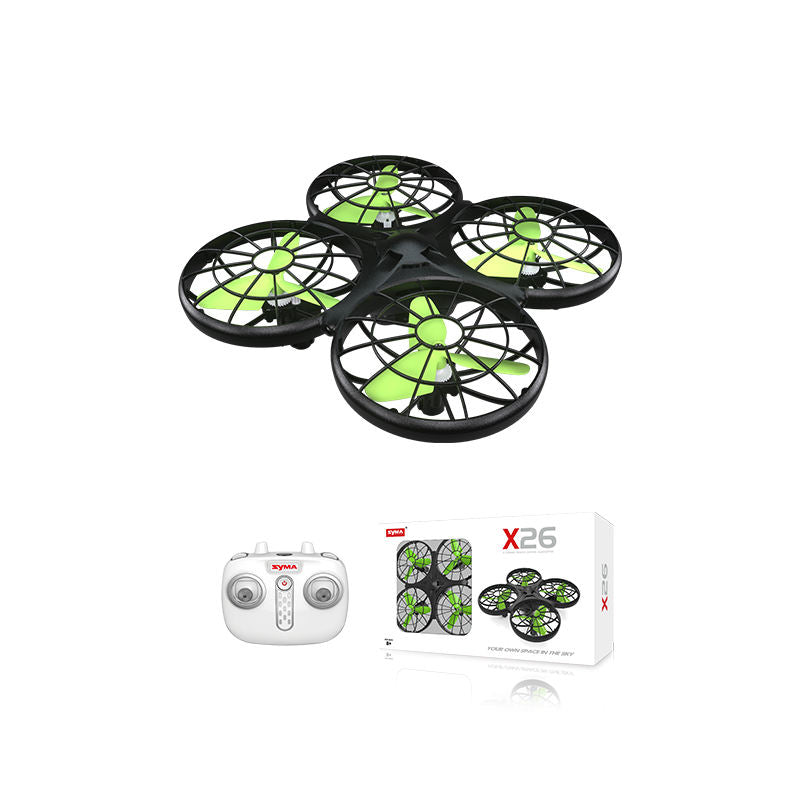 Mini quadcopter drone with four green rotor blades, black body