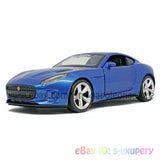 Blue Jaguar F-type coupe diecast model car, front three-quarter view with silver wheels