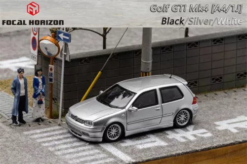 Silver 1:64 diecast model car, Golf GTI Mk4 with white and dark accents