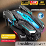 Gray quadcopter drone with blue LED accents, dual cameras and remote control body