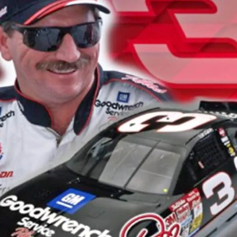 Diecast race car with gray body, black roof, and #3 on door, sponsor decals.