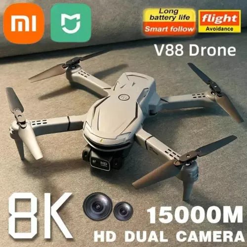 White quadcopter drone with dual rear propellers and front camera module