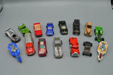Vintage loose diecast car lot with multiple colored toy trucks and cars