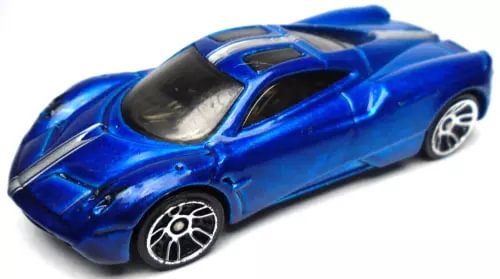 Blue diecast model car with silver stripes, black window, and chrome wheels