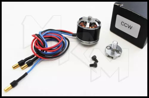 Brushless drone motor set with CCW label, wiring leads, and mounting screw