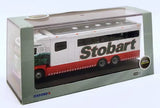 1:76 diecast Scania horsebox truck model with Stobart logo, white cab and red stripe