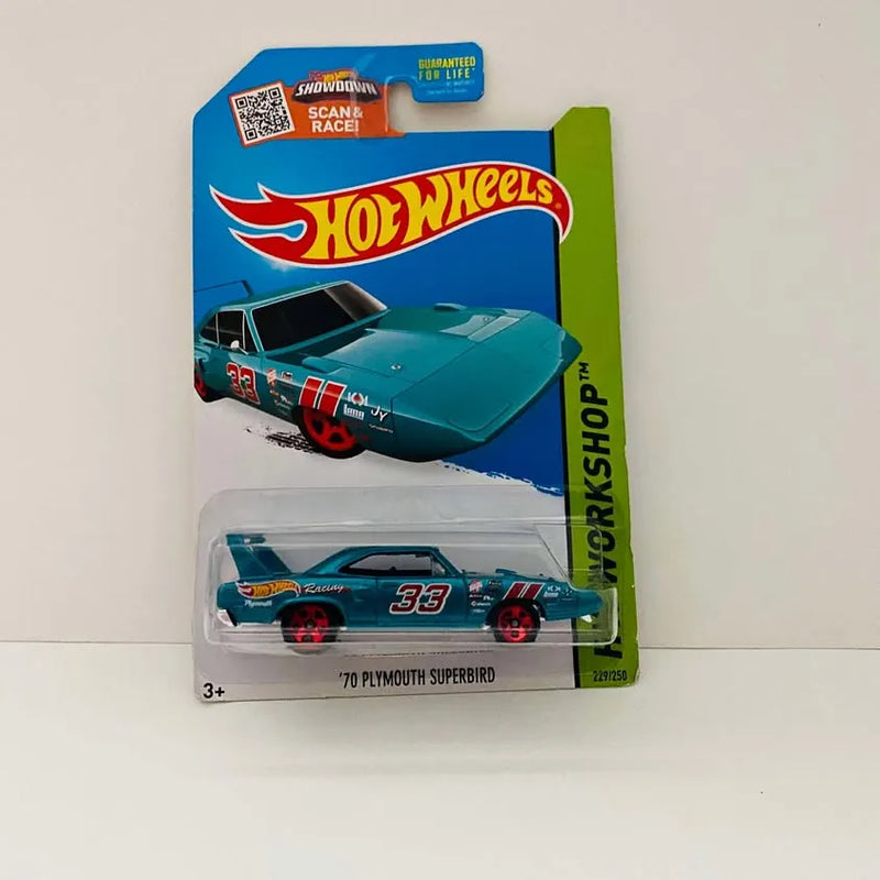 Aqua blue '70 Plymouth Superbird Hot Wheels diecast toy car in retail box