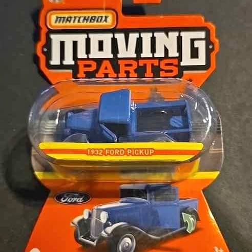 Blue 1932 Ford pickup diecast replica model with Matchbox blister packaging