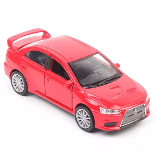 1:36 scale red diecast pull-back toy car, front 3/4 view