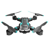 Foldable quadcopter drone with four propellers, black body with teal accents