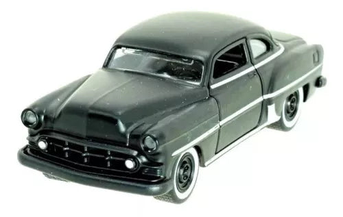 Diecast model car in dark matte, with chrome grille and headlights, 1:36 scale