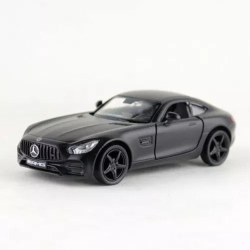 1:36 AMG GTS diecast model car, black, front 3/4 view with pull-back
