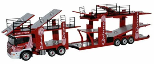 Oxford Diecast Scania P car transporter model with red cab and gray trailer, open top ramps