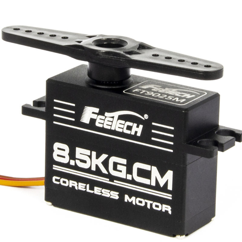 Coreless RC servo motor, black metal housing with mounting horn and 3-wire lead