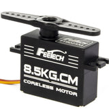 Coreless RC servo motor, black metal housing with mounting horn and 3-wire lead