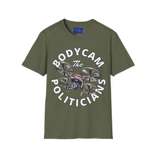 Olive unisex T-shirt with circular drone graphic and BODYCAM POLITICIANS text