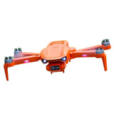 Orange quadcopter drone with front camera and four propellers