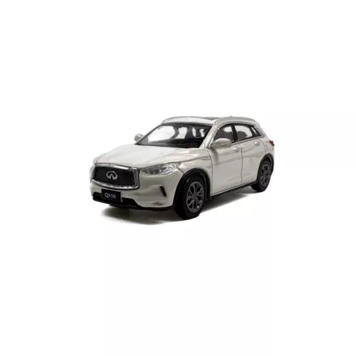 Diecast model car, white 2018 Infiniti QX50, front 3/4 view
