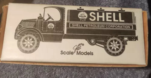 Die-cast tanker bank model box with Shell Petroleum Corporation logo and truck graphic