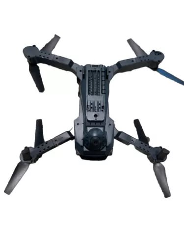Collapsible quadcopter drone, four dark propellers, front camera housing