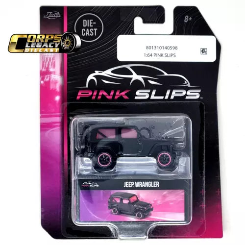 Black Jeep Wrangler die-cast toy with pink rims, in retail blister pack