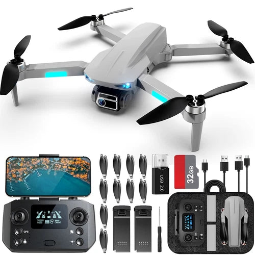 Gray quadcopter drone with 4 propellers and front camera module