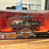 Green diecast off-road vehicle in clear Harley-Davidson blister packaging