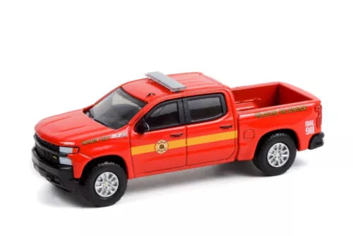 Red diecast pickup truck with truck cap, front three-quarter side view