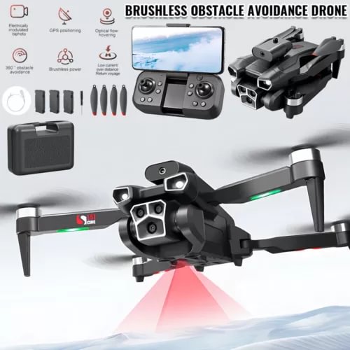 Quadcopter drone with triple camera and obstacle sensors, black with green LEDs