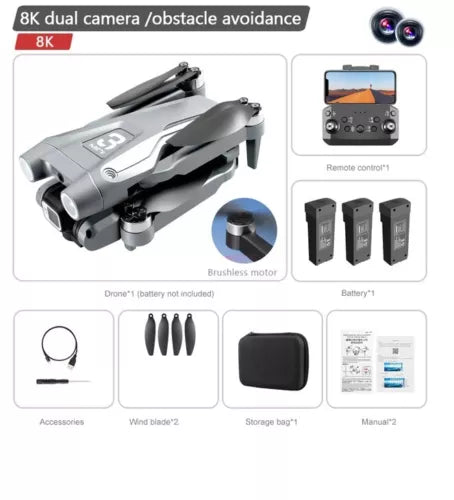 Silver 8K dual-camera drone with obstacle avoidance