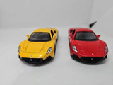 Yellow and red 1:36 diecast sports car models, front view, alloy finish