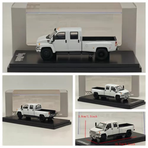 White diecast pickup truck model with open bed, in clear display case