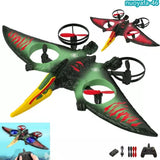 Green foam RC pterosaur drone with red/yellow accents, quad propellers, stunt 6-axis gyro toy
