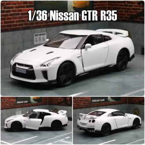 1:36 scale white Nissan GT-R R35 diecast model car, black wheels and front grille