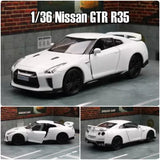 1:36 scale white Nissan GT-R R35 diecast model car, black wheels and front grille