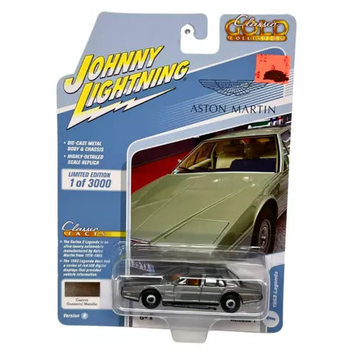 Aston Martin diecast car model in blister box, green body and black wheels