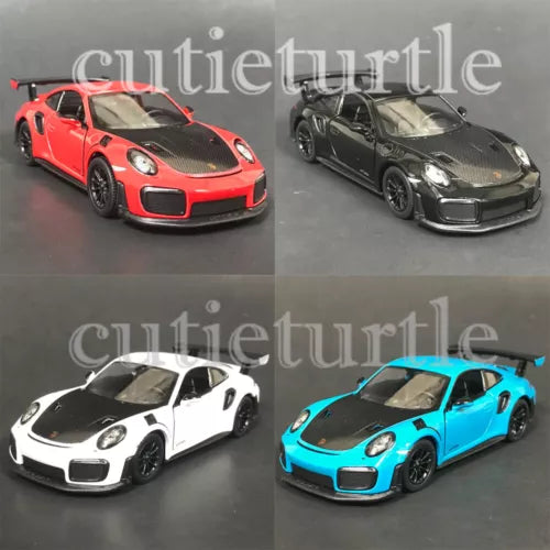 Diecast toy display model car in red, black, white, and blue—four views