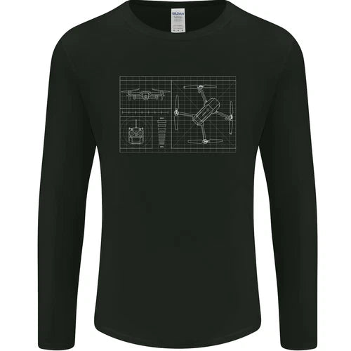 Men's black long-sleeve T-shirt with white drone blueprint graphic on chest