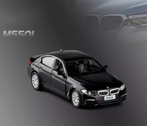 Black die-cast sedan car model with silver wheels and BMW-style grille