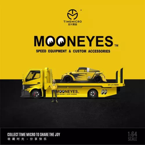 Yellow and black Mooneyes diecast flatbed trailer with beetle car