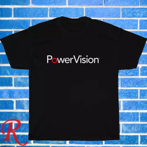 Unisex black T-shirt with PowerVision drone logo in multicolor text
