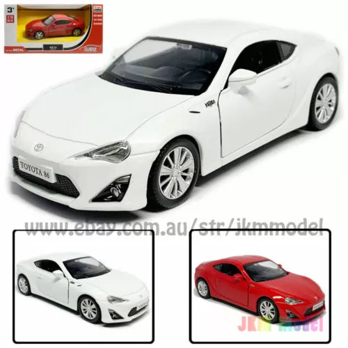 1:36 Toyota 86 diecast toy car in white, front 3/4 view with alloy wheels